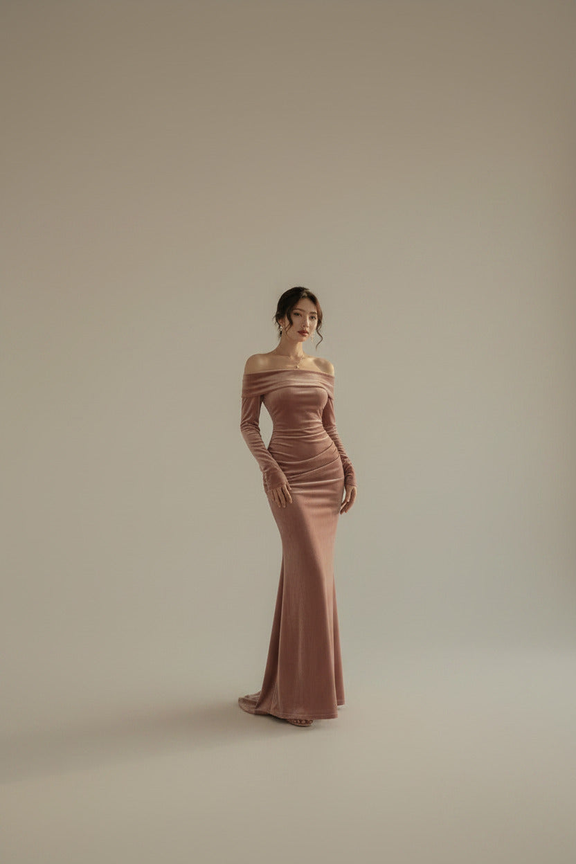 Stylish and elegant women's velvet dress featuring an off shoulder design, long sleeves, slim bodycon fit, and premium Korean velvet fabric in black.